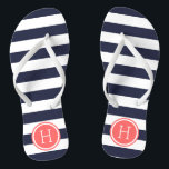 Tongs Monogramme de la marine et des bandes de rapaces d<br><div class="desc">Sandales à tongs imprimées sur mesure avec un motif à rayures nautiques préppy et votre monogramme ou autre texte personnalisé dans un cadre circulaire. Cliquez sur Customiser pour modifier les polices de texte et les couleurs ou ajouter vos propres images pour créer un design unique et unique !</div>