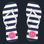 Tongs Monogramme de la marine et des rayures roses de Pr<br><div class="desc">Sandales à tongs imprimées sur mesure avec un motif à rayures nautiques préppy et votre monogramme ou autre texte personnalisé dans un cadre circulaire. Cliquez sur Customiser pour modifier les polices de texte et les couleurs ou ajouter vos propres images pour créer un design unique et unique !</div>