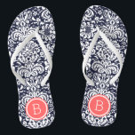 Tongs Monogramme de la marine et du corail de Damas flor<br><div class="desc">sandales à tongs imprimées sur mesure avec un élégant motif à damas floral élégant et votre monogramme ou autre texte personnalisé dans un cadre circulaire. Cliquez sur Customiser pour modifier les polices de texte et les couleurs ou ajouter vos propres images pour créer un design unique et unique !</div>