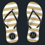 Tongs Monogramme de l'or et du noir de la preppy<br><div class="desc">Sandales à tongs imprimées sur mesure avec un motif à rayures nautiques préppy et votre monogramme ou autre texte personnalisé dans un cadre circulaire. Cliquez sur Customiser pour modifier les polices de texte et les couleurs ou ajouter vos propres images pour créer un design unique et unique !</div>
