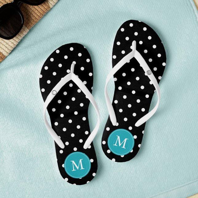 Tongs Monogramme de Pois noirs et aqua (Créateur téléchargé)