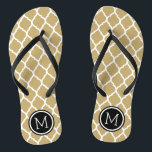 Tongs Monogramme de Quatrefoil en or et noir marocain<br><div class="desc">Sandales à tongs imprimées sur mesure avec un motif chic marocain en quatrefoil et votre monogramme personnalisé ou autre texte dans un cadre circulaire. Cliquez sur Customiser pour modifier les polices de texte et les couleurs ou ajouter vos propres images pour créer un design unique et unique !</div>
