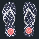 Tongs Monogramme de Quatrefoil Marocain Marine et Coral<br><div class="desc">Sandales à tongs imprimées sur mesure avec un motif chic marocain en quatrefoil et votre monogramme personnalisé ou autre texte dans un cadre circulaire. Cliquez sur Customiser pour modifier les polices de texte et les couleurs ou ajouter vos propres images pour créer un design unique et unique !</div>