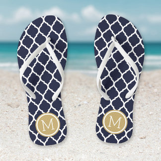 Tongs Monogramme de Quatrefoil Marocain Marine et Or