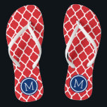 Tongs Monogramme de Quatrefoil rouge blanc et bleu maroc<br><div class="desc">Sandales à tongs imprimées sur mesure avec un motif chic marocain en quatrefoil et votre monogramme personnalisé ou autre texte dans un cadre circulaire. Cliquez sur Customiser pour modifier les polices de texte et les couleurs ou ajouter vos propres images pour créer un design unique et unique !</div>