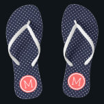Tongs Monogramme des minuscules points de la marine et d<br><div class="desc">sandales à tongs imprimées sur mesure avec un motif à pois mignon et votre monogramme ou autre texte personnalisé dans un cadre circulaire. Cliquez sur Customiser pour modifier les polices de texte et les couleurs ou ajouter vos propres images pour créer un design unique et unique !</div>