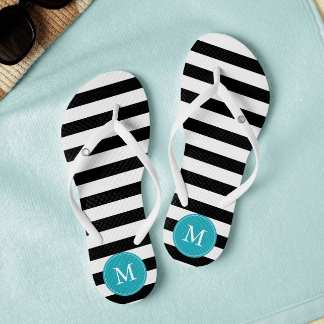 Tongs Monogramme des rayures noires et aqua (Créateur téléchargé)