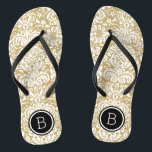 Tongs Monogramme en or et en noir de Damas Floral<br><div class="desc">sandales à tongs imprimées sur mesure avec un élégant motif à damas floral élégant et votre monogramme ou autre texte personnalisé dans un cadre circulaire. Cliquez sur Customiser pour modifier les polices de texte et les couleurs ou ajouter vos propres images pour créer un design unique et unique !</div>