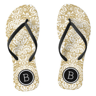 Tongs Monogramme en or et en noir de Damas Floral