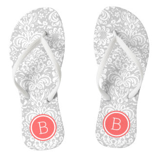 Tongs Monogramme grise et corail floral damassé