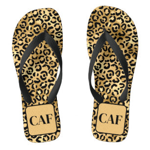 Tongs Monogramme Initial Noir Or Imprimé Léopard Guépard