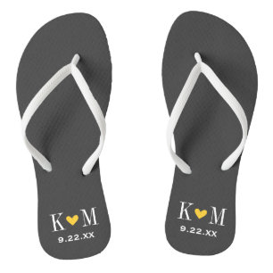 Tongs Monogramme Mariage moderne gris et jaune