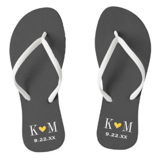 Tongs Monogramme Mariage moderne gris et jaune