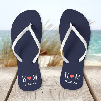 Tongs Monogramme Mariage moderne Marine et Coral