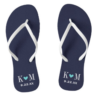 Tongs Monogramme Mariage moderne marine et turquoise