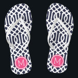 Tongs Monogramme marine et Trellis rose<br><div class="desc">sandales à tongs imprimées sur mesure avec un motif moderne élégant et votre monogramme ou autre texte personnalisé dans un cadre circulaire. Cliquez sur Customiser pour modifier les polices de texte et les couleurs ou ajouter vos propres images pour créer un design unique et unique !</div>