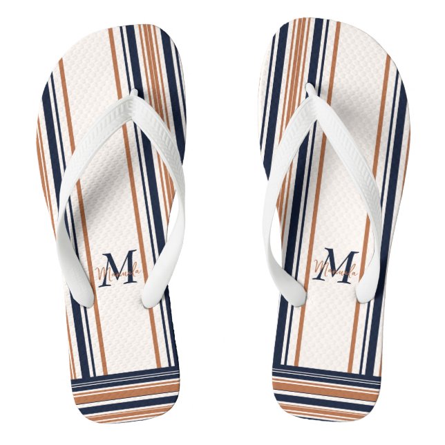 Tongs Monogramme moderne bleu et or à rayures blanches (Semelle)