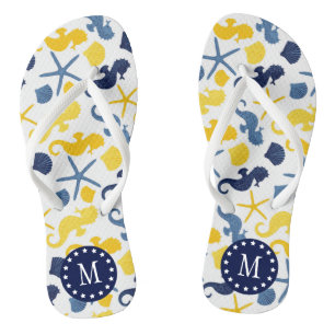 Tongs Monogramme Motif de Seahorse bleu et or