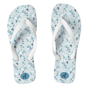 Tongs Monogramme Vintage Dusty Blue Floral personnalisé