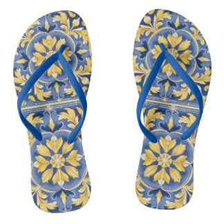 Tongs Motif botanique méditerranéen - Bleu et Jaune
