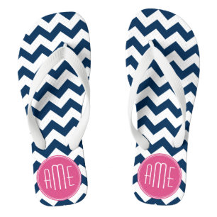 Tongs Motif Chevron avec Monogramme - Navy Magenta