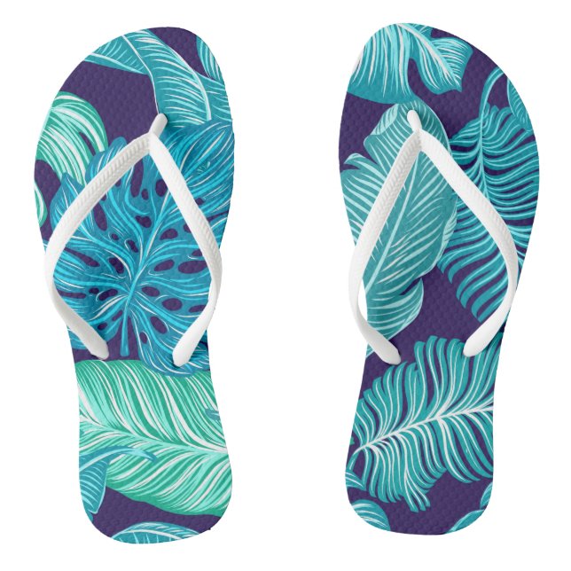 Tongs Motif de feuilles bleues vertes tropicales (Semelle)