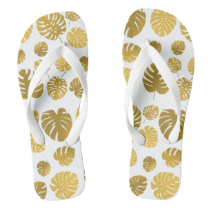 Tongs Motif de feuilles tropicales de Monstera en or mod