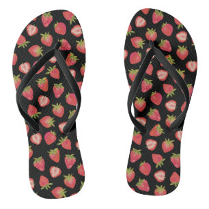 Tongs Motif de fraise d'été sur noir