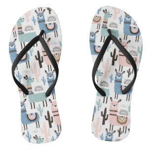 Tongs Motif de lama et de cactus dans bleu, vert et rose