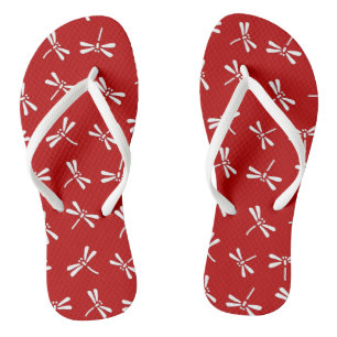 Tongs Motif de libellule japonaise, rouge foncé et blanc