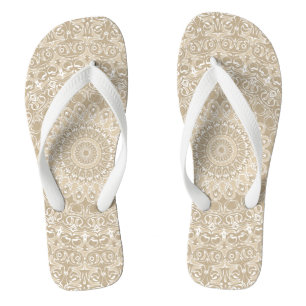 Tongs Motif de mandala ornemental kaki et blanc