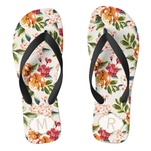 Tongs Motif floral chic de fille avec nom de monogramme (Semelle)