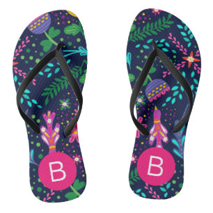 Tongs Motif Floral Clair Coloré Chaotique Monogramme Ble