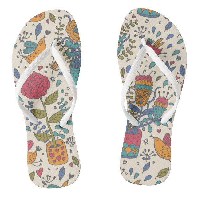 Tongs Motif floral de bande dessinée avec les oiseaux 2 (Semelle)