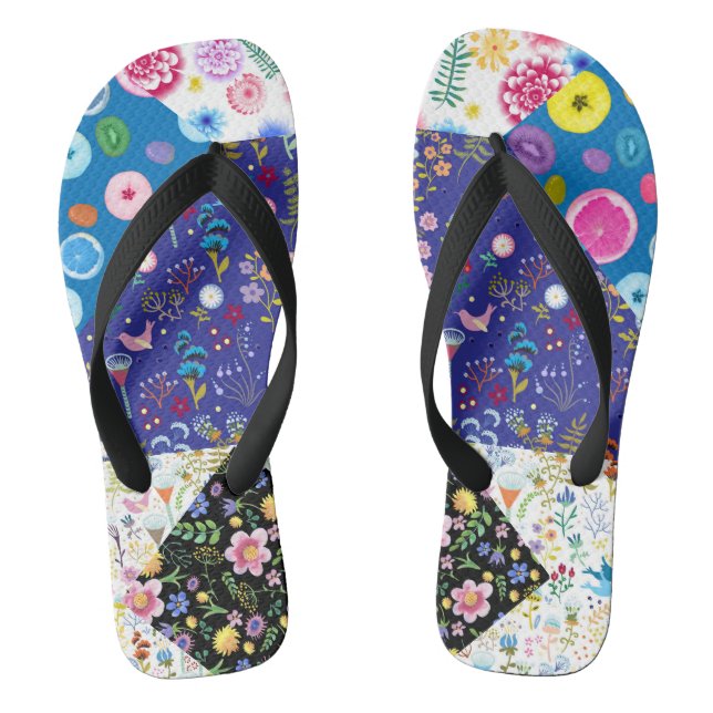 Tongs Motif floral patchwork sur fond noir. Ve (Semelle)