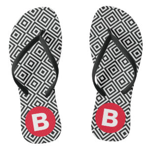 Tongs Motif géométrique noir et blanc Monogramme rouge
