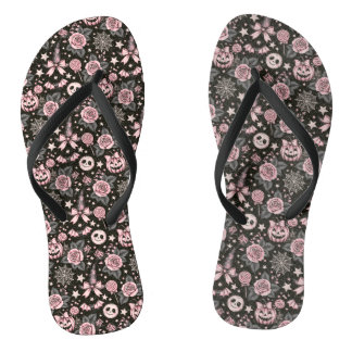 Tongs Motif Halloween Citrouille et Toile Rose et Noir