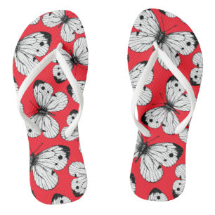 Tongs Motif papillon du chou sur fond rouge