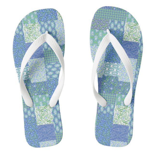 Tongs Motif Patchwork Faux Floral Bleu Pervenche Bohème (Semelle)