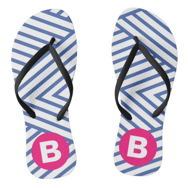Tongs Motif rayé bleu abstrait avec monogramme rose (Semelle)