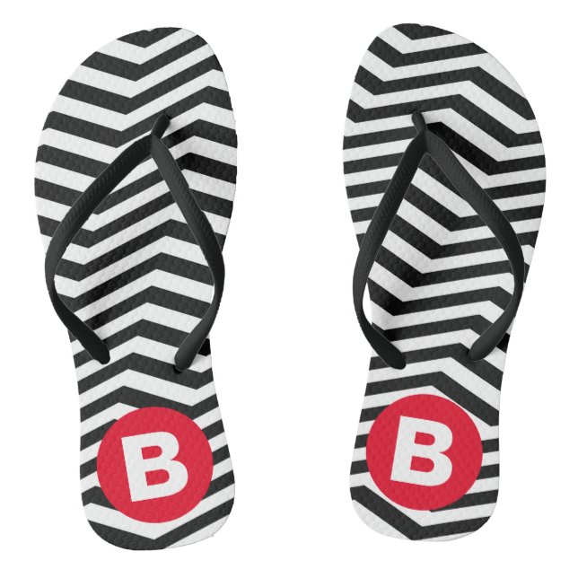 Tongs Motif Zig Zag Noir et Blanc Monogramme Rouge (Semelle)