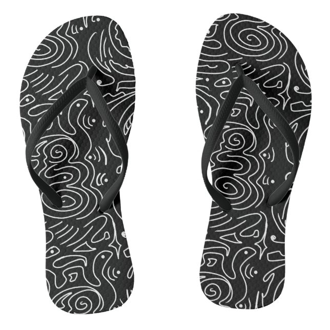 Tongs Noir avec ligne Abstraite Wavy blanche (Semelle)