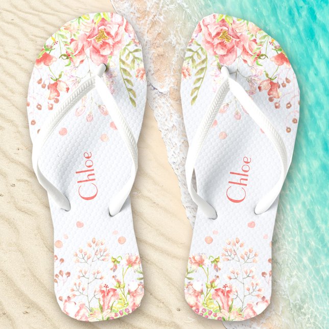 Tongs Nom floral romantique Rose blanc (Romantic Floral Name White Pink Flip Flops)