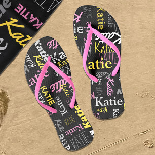 Tongs Nom personnalisé jaune rose gris noir typographiqu