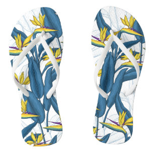 Tongs Oiseau de fleurs de paradis sur blanc
