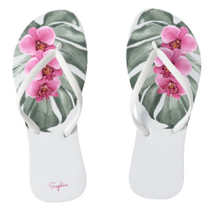 Tongs Orchidées roses chaudes Flore tropicale avec votre