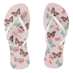 Tongs Papillon Motif Corail Rose & Sarcelle - Personnali