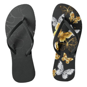 Tongs Papillons blancs et dorés
