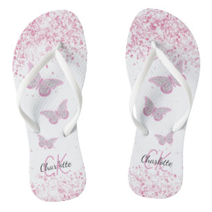 Tongs Papillons rose parties scintillant nom blanc monog