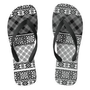 Tongs Patchwork rayé noir et blanc avec dentelle